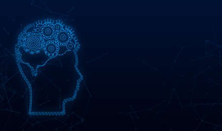 Abstract plexus icon with silhouette man head gears on light background. Mental health concept....