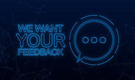We want your feedback written on speech bubble. Advertising sign. Plexus icon. Vector stock illustrationのイラスト素材