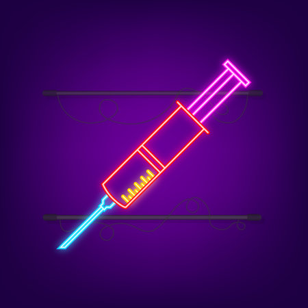 Medical syringe neon icon. The injection syringe. Vector stock illustration.のイラスト素材
