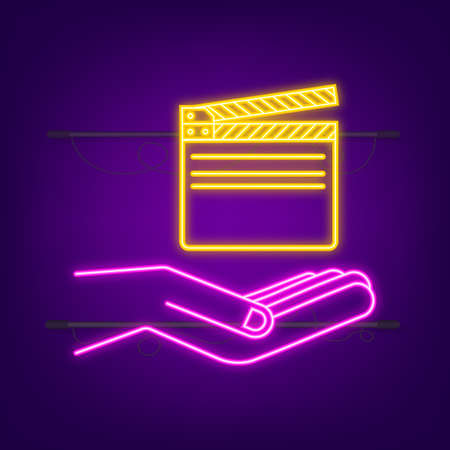 Opened clapperboard in hand. Movie clapperboard neon icon. Vector stock illustration.のイラスト素材