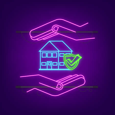 Home insurance policy services. Home safety security neon icon. Vector stock illustration.のイラスト素材
