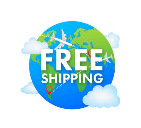 Airplane with label free shipping, E-Commerce, Air Craft. Vector stock illustration.のイラスト素材