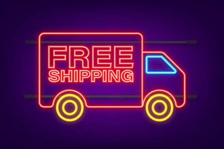 Free shipping. Neon icon. Badge with truck. Vector stock illustrtaion.のイラスト素材