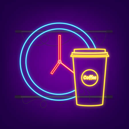 Coffee cup time clock neon icon. Coffee with the watch. Vector stock illustration.のイラスト素材