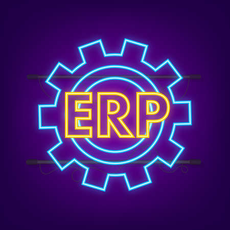 ERP Enterprise resource planning neon. Industry production. Productivity and company enhancement. Vector stock illustration.のイラスト素材