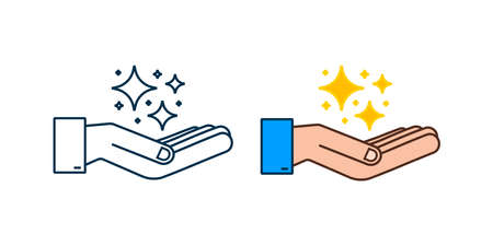 Yellow sparkles symbols in hands. The set of original vector stars sparkle icon. Bright firework,...