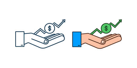 Profit money or budget. Cash and rising graph arrow up in hands. Capital earnings, benefit. Vector stock illustration.のイラスト素材
