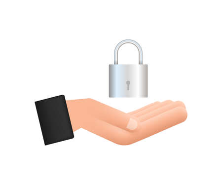 Locked realistic padlock in hands. Security Concept. Metal Lock For Safety And Privacy.のイラスト素材