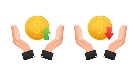 Up and Down Dollar Sign in hands on white background. Vector stock illustration.のイラスト素材