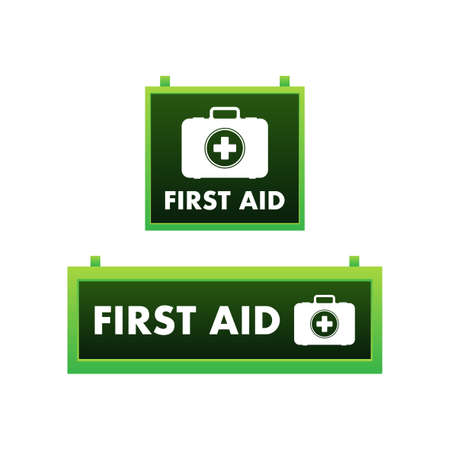 Cartoon icon with red first aid on white background for medical design. Flat vector illustrationのイラスト素材