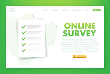 Online survey, checklist, questionnaire icon. Laptop, Computer screen. Feedback business concept. Vector stock illustrationのイラスト素材