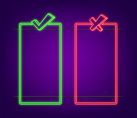 Dos and donts list with checkmark and cross mark. Ui design. Check mark neon iconのイラスト素材