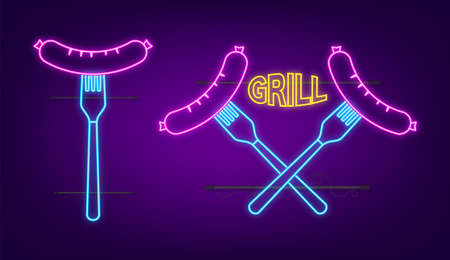 Cartoon grill sausage. Neon icon. Hand drawn vector illustration. Isolated icon setのイラスト素材