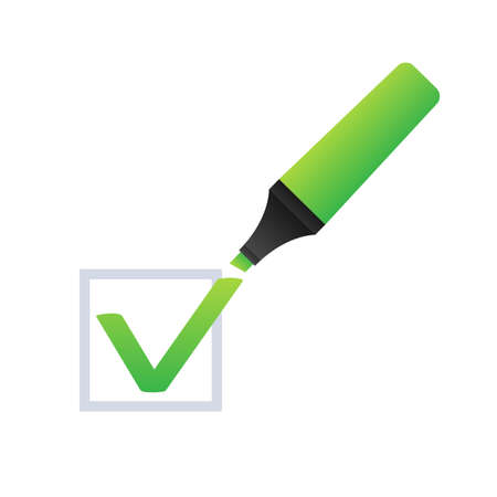 Check mark. Green approved star sticker on white background. Vector stock illustrationのイラスト素材
