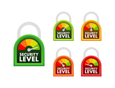 Security level speedometer. Cyber safety concept. Internet network security. Vector stock illustrationのイラスト素材