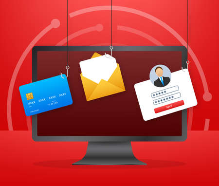 Data Phishing with fishing hook, mobile phone, internet security. Vector stock illustration.のイラスト素材