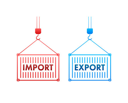 Port crane lift two red cargo containers with import and export words. Vector stock illustration.のイラスト素材