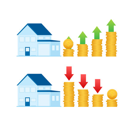 Illustration with house price up for concept design. Profit growth progress. Business concept. Business graph.のイラスト素材