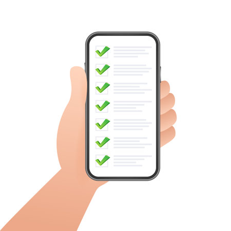 Green check list smartphone. Survey vector illustration. Green tick. Flat check list smartphone for web design. Customer service.のイラスト素材