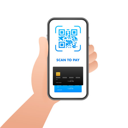Scan to pay. Smartphone to scan QR code on paper for detail, technology and business concept. Vector stock illustration.のイラスト素材
