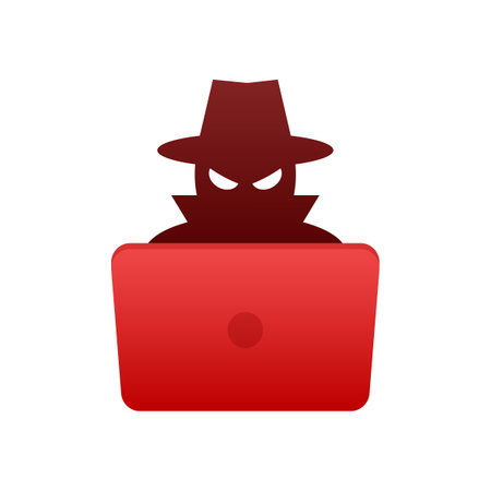 Hacker with laptop. Hacker attack. Phishing and fraud. Vector stock illustration.のイラスト素材