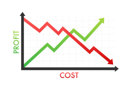 Graphs cost vs profit. Costs reduction. Vector stock illustration.のイラスト素材