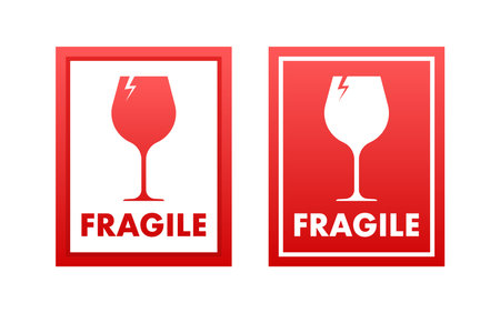 Fragile red icon. Handle with care sign, label. Vector stock illustrationのイラスト素材