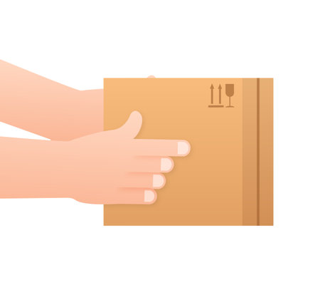Hand holding package, box. Delivery and shipping concept. Vector stock illustration.のイラスト素材