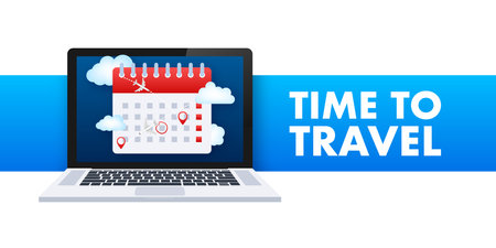 Reminder in calendar on laptop screen. Plane travel around. Vector stock illustration.のイラスト素材