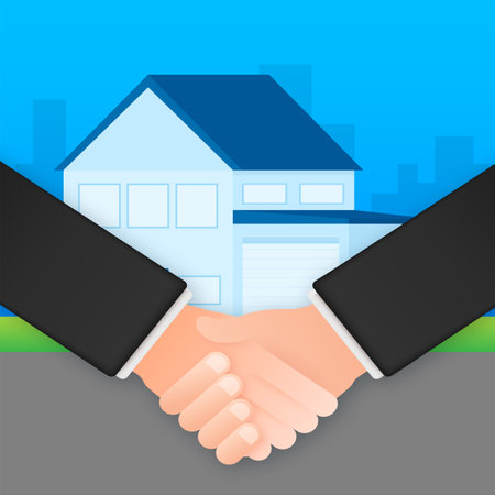 Buy house, Shaking hands. Mortgage, House-buying, rent. Vector stock illustration.のイラスト素材