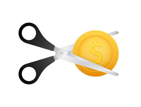 Scissors cutting money bill in flat style. Price, cost reduction or cut price. Vector stock illustration.のイラスト素材