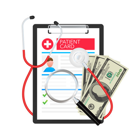 Clipboard in doctors hand. Make notes in patient card. medical report. analysis or prescription concept. Vector illustration.のイラスト素材