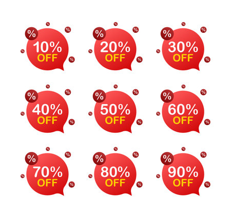 Sale tags. Special offer discount tag 10, 10, 20, 30, 40, 50, 60, 70, 80, 90 percent off price. Discount promotionのイラスト素材