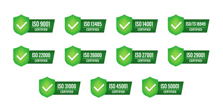 Set of ISO Certification stamp and labels. ISO Certified badge. Information security managementのイラスト素材