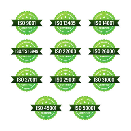 Set of ISO Certification stamp and labels. ISO Certified badge. Information security managementのイラスト素材