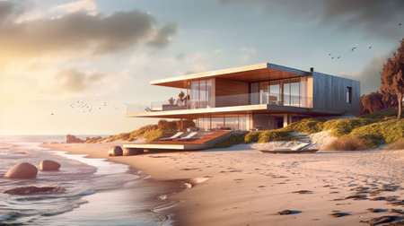 A modern house on beach. Generative AIの素材