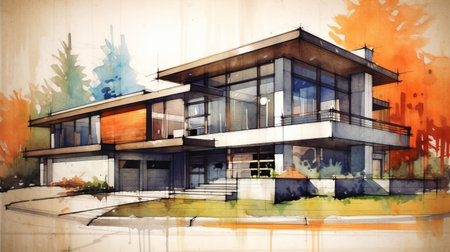Architectural sketch of a modern house. Generative AIの素材