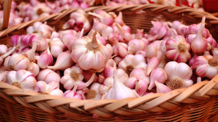Background of pink garlic bulbs. Generative AIの素材