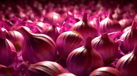 Background of pink garlic bulbs. Generative AIの素材