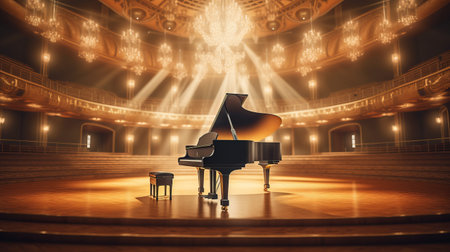 Beautiful piano in concert hall. Generative AIの素材