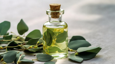 Bottle of cosmetic oil with eucalyptus branches. Generative AIの素材