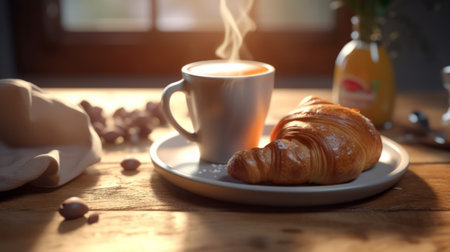 Breakfast with croissant and a cup of cappuccino. Generative AIの素材