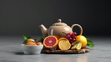Ceramic teapot with cup of fruit tea on grey background. Generative AIの素材