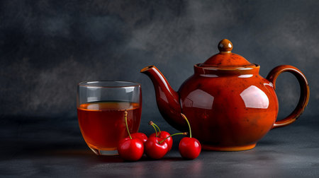 Ceramic teapot with cup of fruit tea on grey background. Generative AIの素材