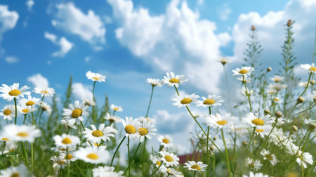 Chamomile flowers against the sky with white clouds. Generative AIの素材