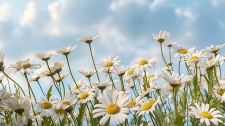 Chamomile flowers against the sky with white clouds. Generative AIの素材