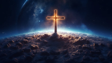 Christian cross outer space beautiful image. Generative AIの素材