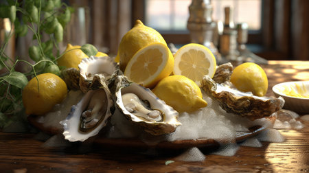 Fresh oysters with lemons. Generative AIの素材