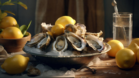 Fresh oysters with lemons. Generative AIの素材