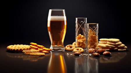 Glass of beer and snack. Generative AIの素材